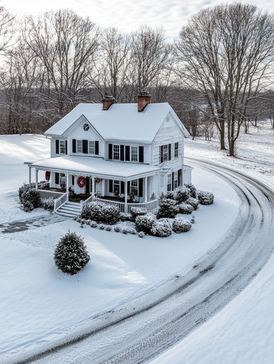 A white two-story house with a front porch and wreaths on the door stands surrounded by snow, with tire tracks curving along the driveway and leafless trees in the background.
