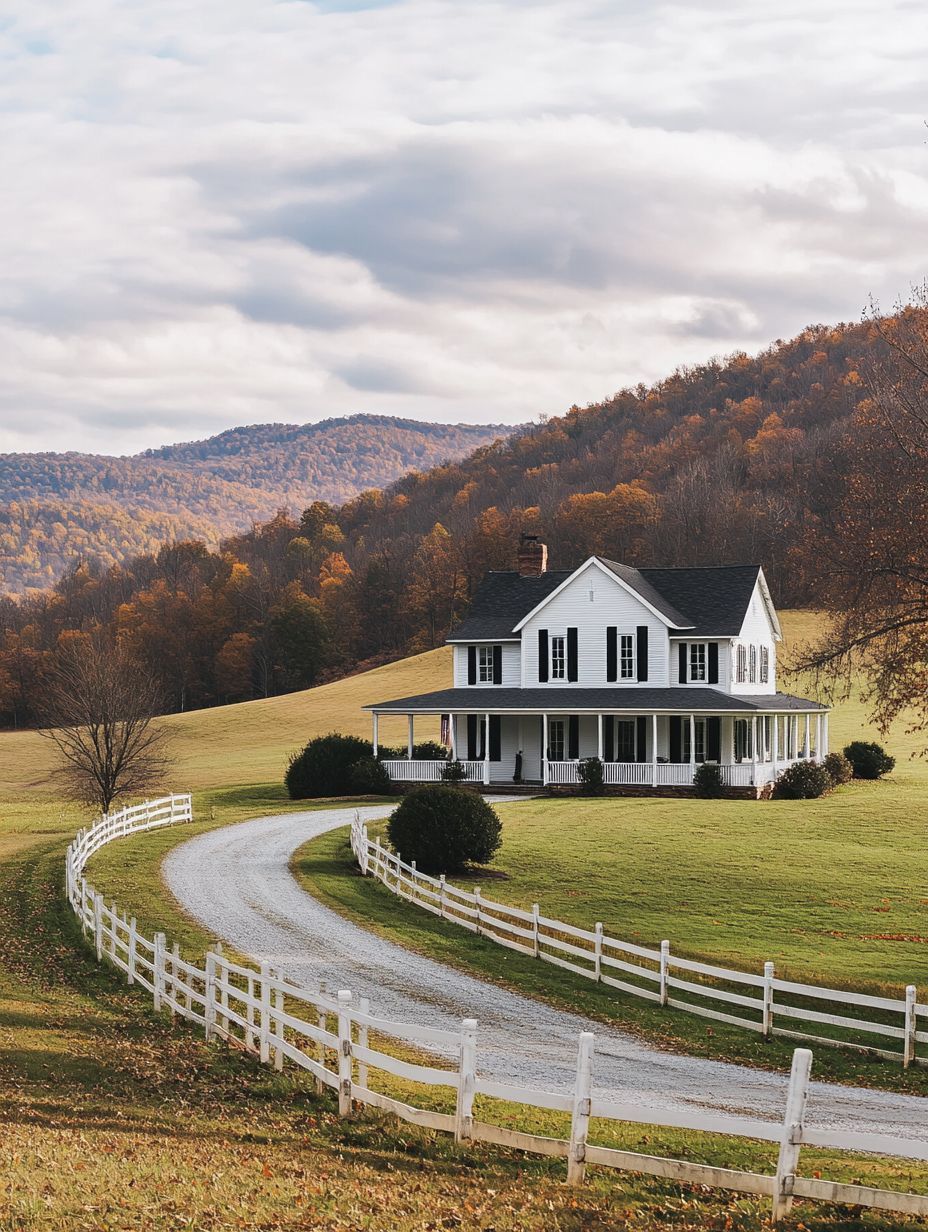 A white house with a wraparound porch sits on a grassy hill, surrounded by a white fence and autumn trees, with mountains in the background under a cloudy sky.