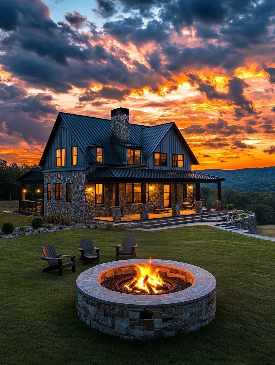 A stone house with a metal roof is lit up at sunset, with a fire pit and several Adirondack chairs on the lawn in the foreground.