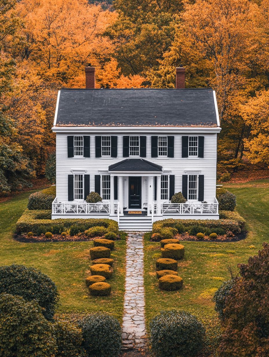 A white two-story house with black shutters sits in a landscaped yard with a stone walkway and hedges, surrounded by trees with autumn foliage.