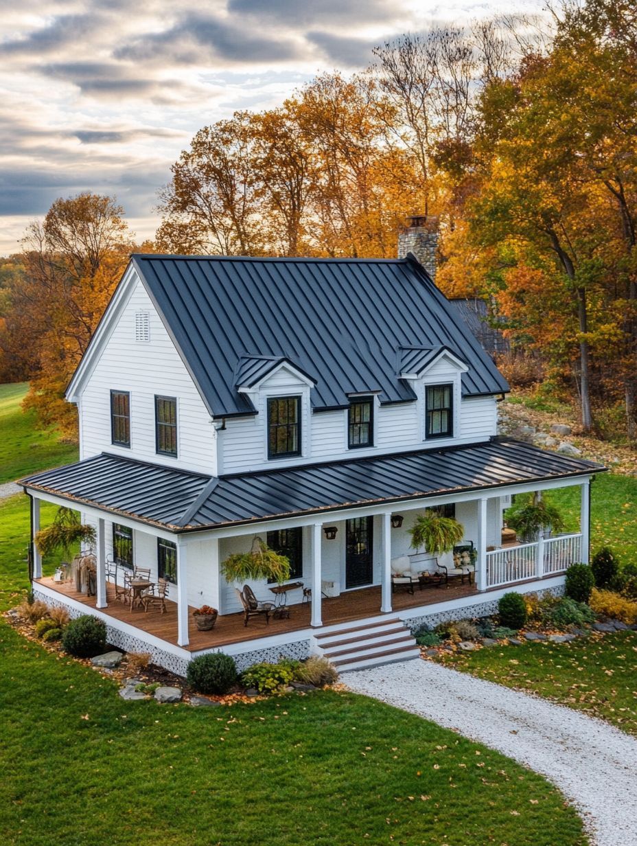 White two-story house with a black metal roof and wraparound porch, surrounded by autumn trees and a gravel path on a green lawn.