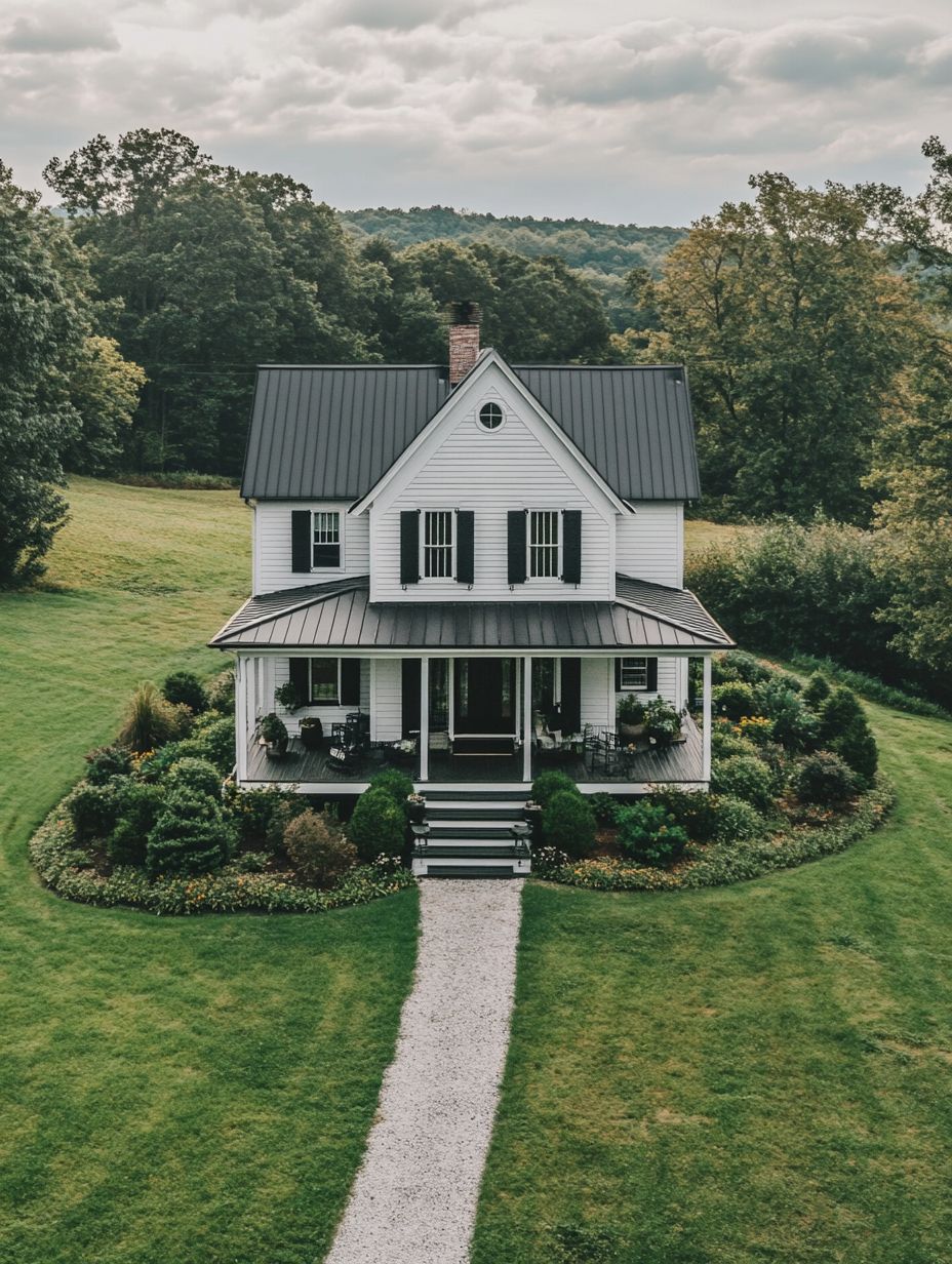 A white two-story house with a black metal roof, front porch, and surrounding garden, sits in the center of a large grassy yard with a gravel pathway leading to the entrance.
