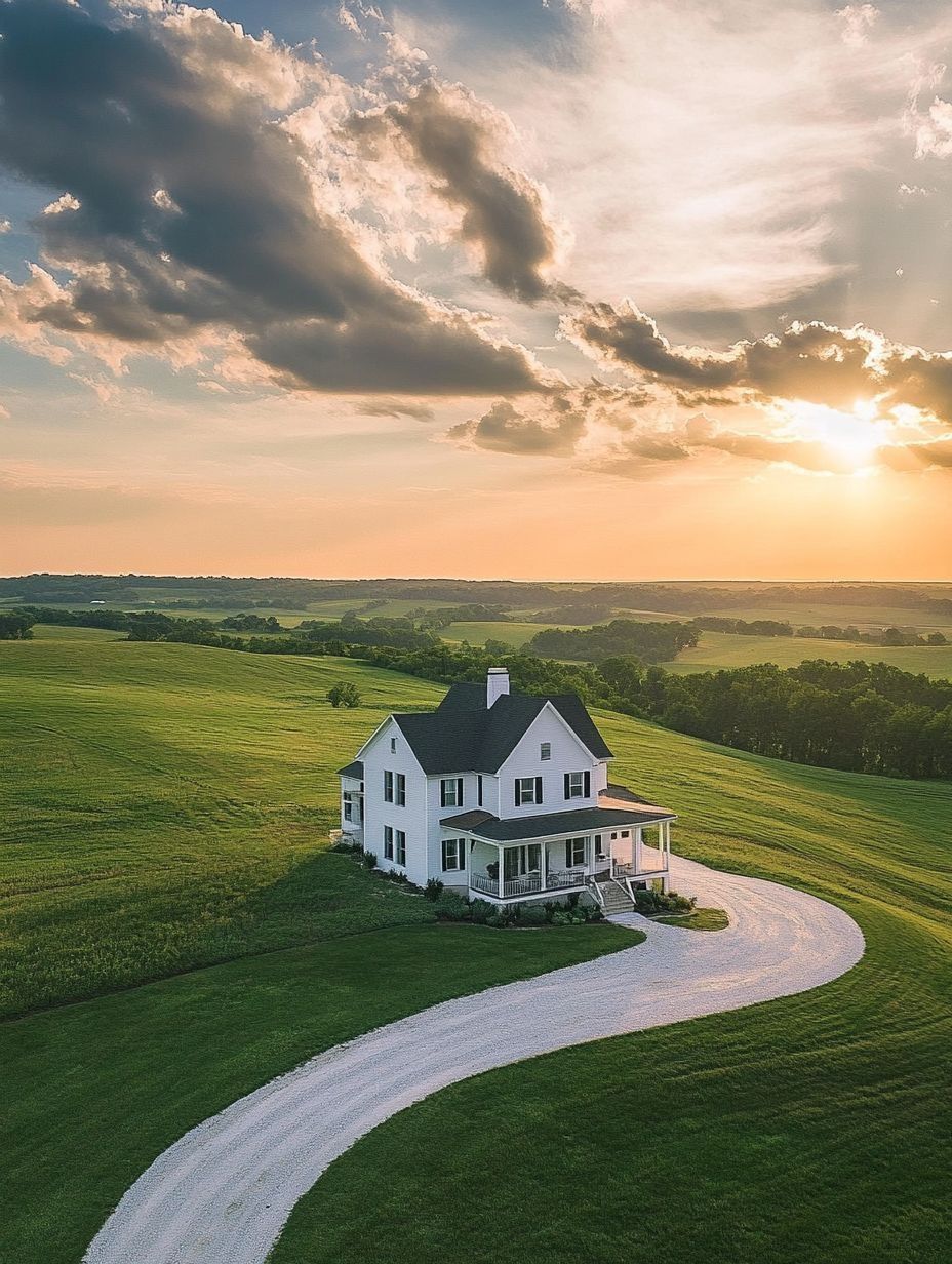 A white farmhouse with a wraparound porch sits in a large, green field under a partly cloudy sky at sunset, with a curved gravel driveway leading to the house.