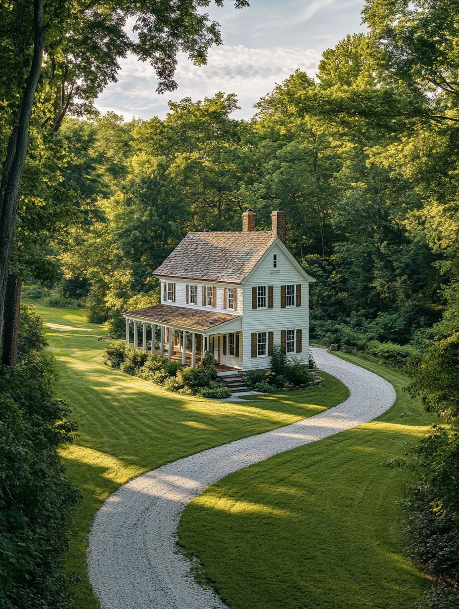 Two-story white house with a front porch, surrounded by green trees and lawn, sits beside a winding gravel driveway on a sunny day.