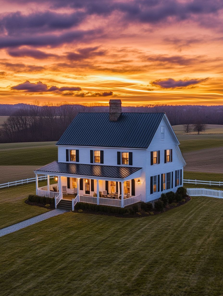 Two-story white farmhouse with a front porch, lit windows, and a large yard, set against a dramatic sunset sky with purple and orange clouds.