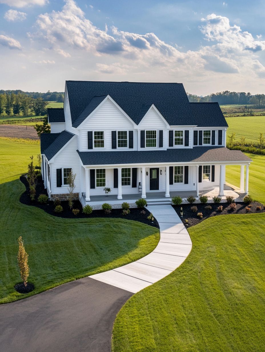 Two-story white house with black shutters and a front porch, surrounded by a manicured lawn and landscaped shrubs, set in a rural area under a partly cloudy sky.