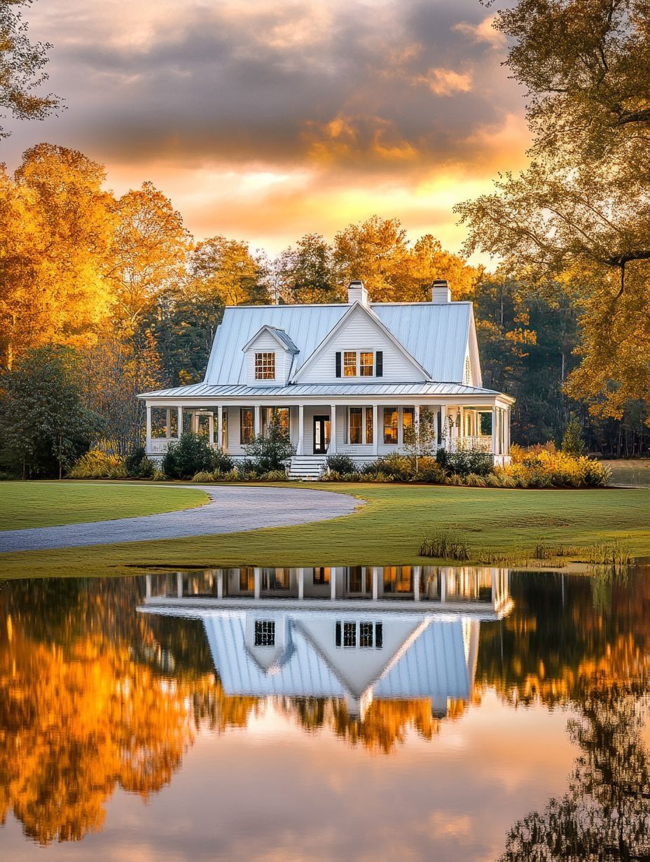 A white house with a porch and a metal roof is reflected in a pond, surrounded by autumn trees under a cloudy sky at sunset.