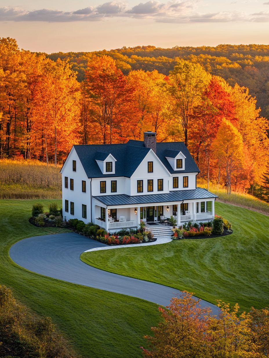 A white two-story house with a porch sits beside a winding driveway, surrounded by green grass and vibrant autumn trees under a partly cloudy sky.