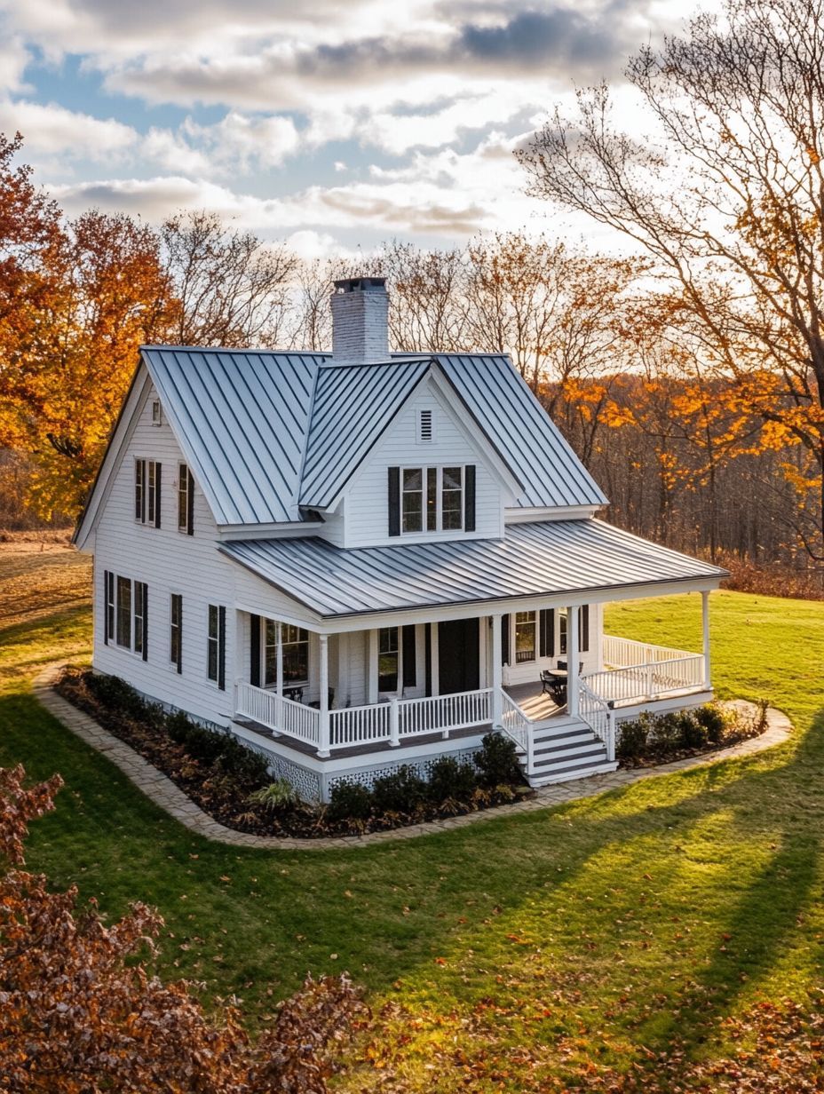 A white two-story farmhouse with a metal roof and wraparound porch, surrounded by lawn and autumn trees under a partly cloudy sky.