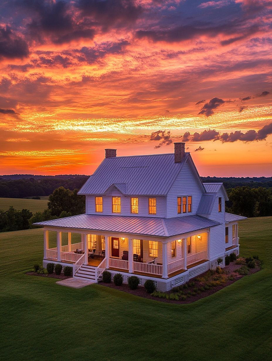 A white two-story house with a large wraparound porch is lit up at sunset, surrounded by green lawn and open fields under a colorful, dramatic sky.