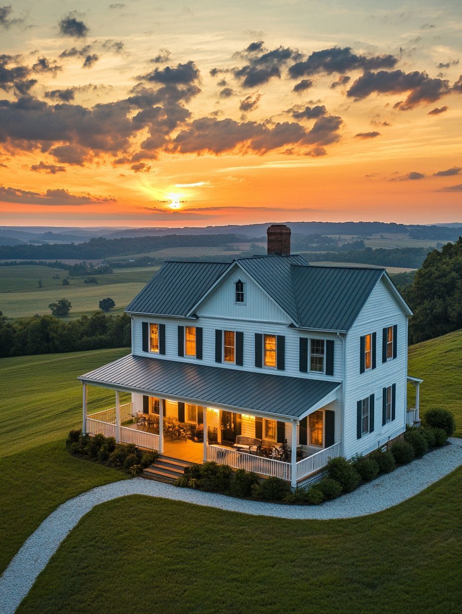 A two-story white house with a wraparound porch sits on a grassy hill at sunset, surrounded by open fields and distant trees.