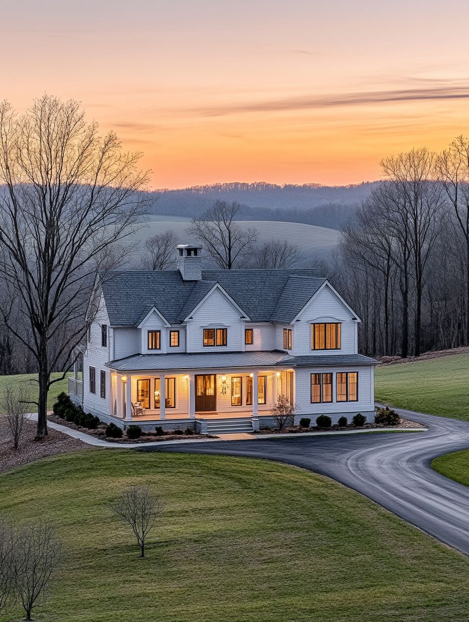 A large white two-story house with illuminated windows sits on a manicured lawn, surrounded by bare trees and rolling hills at sunset.