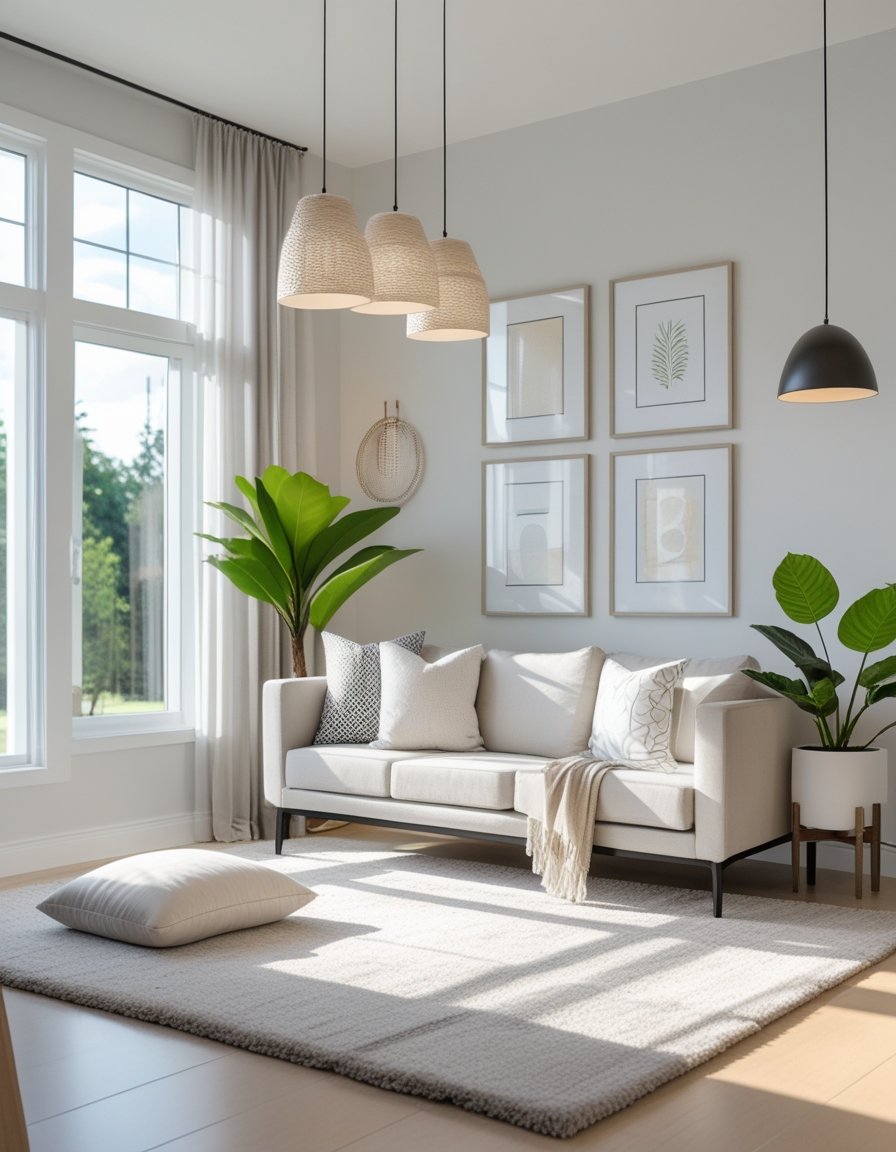 A modern living room with a beige sofa, indoor plants, framed botanical art on the wall, large windows, and pendant lights, flooded with natural light.