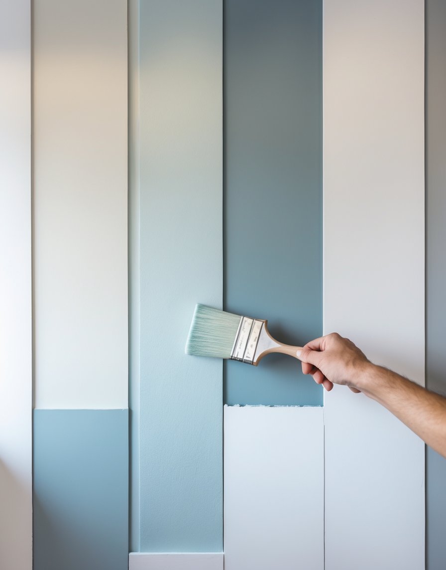 A hand holds a paintbrush, applying light blue paint to a vertical panel on a wall with alternating blue and white sections.