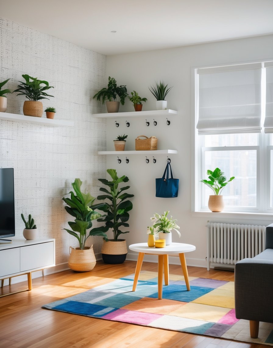 A bright living room with potted plants, white shelves, a round coffee table, a colorful rug, a TV stand, and large windows with white blinds.