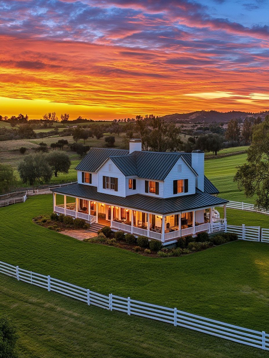 Two-story white farmhouse with wraparound porch, surrounded by white fencing and green lawn, under a colorful sunset sky in a rural landscape.
