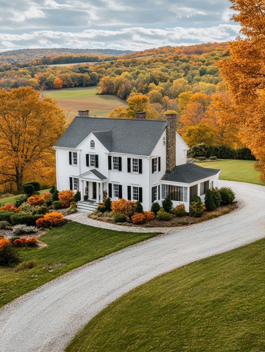 A white two-story house with black shutters sits beside a curving gravel driveway, surrounded by autumn trees and rolling hills.