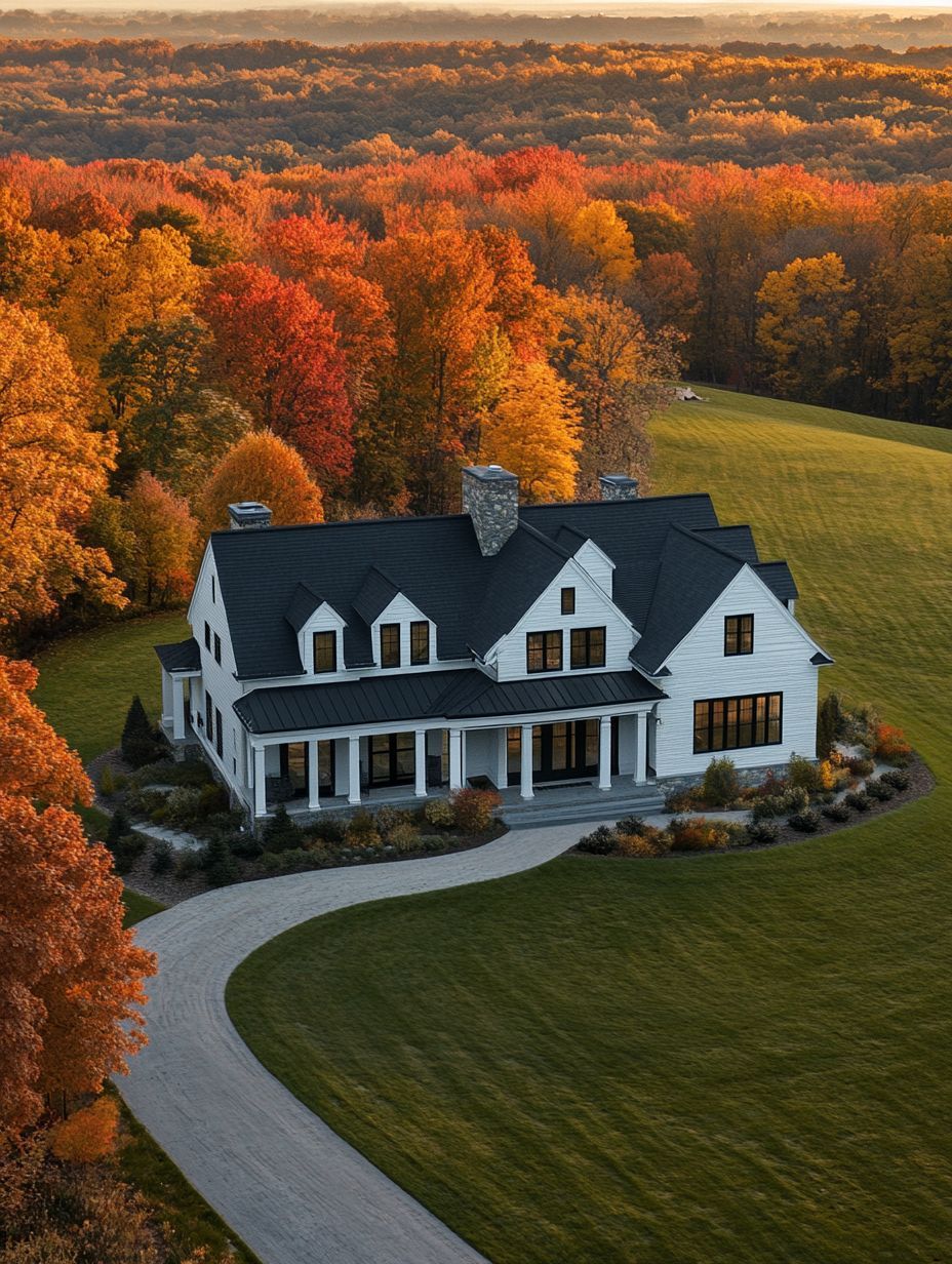 A large white house with a dark roof sits on a manicured lawn, surrounded by winding driveway and autumn trees with colorful foliage.