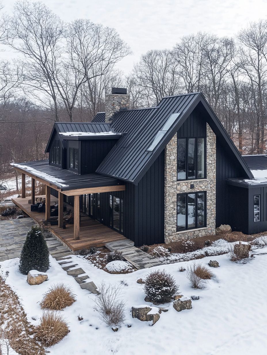 Modern house with black siding and stone accents, surrounded by snow-covered ground, leafless trees, and landscaped shrubs.