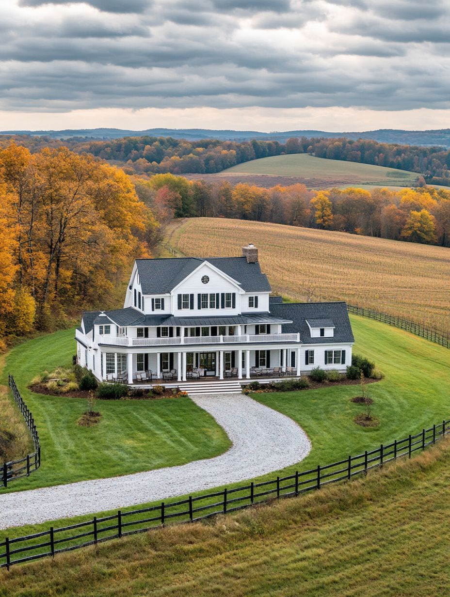 A white two-story farmhouse with a wraparound porch sits on green lawn, surrounded by autumn trees, fields, and a gravel driveway under a cloudy sky.