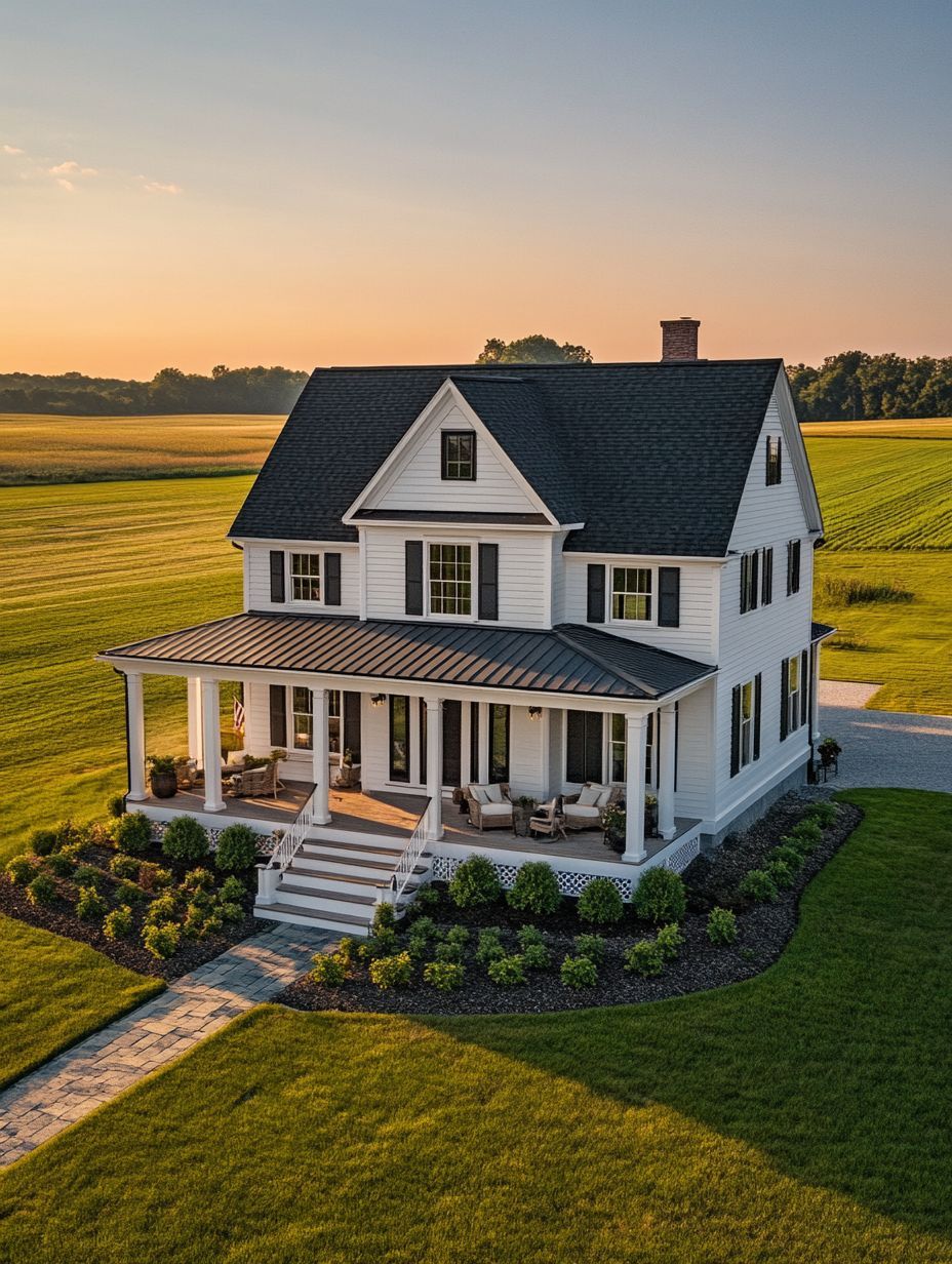 A two-story white farmhouse with a covered wraparound porch, surrounded by neatly trimmed landscaping and open green fields under a clear sky.