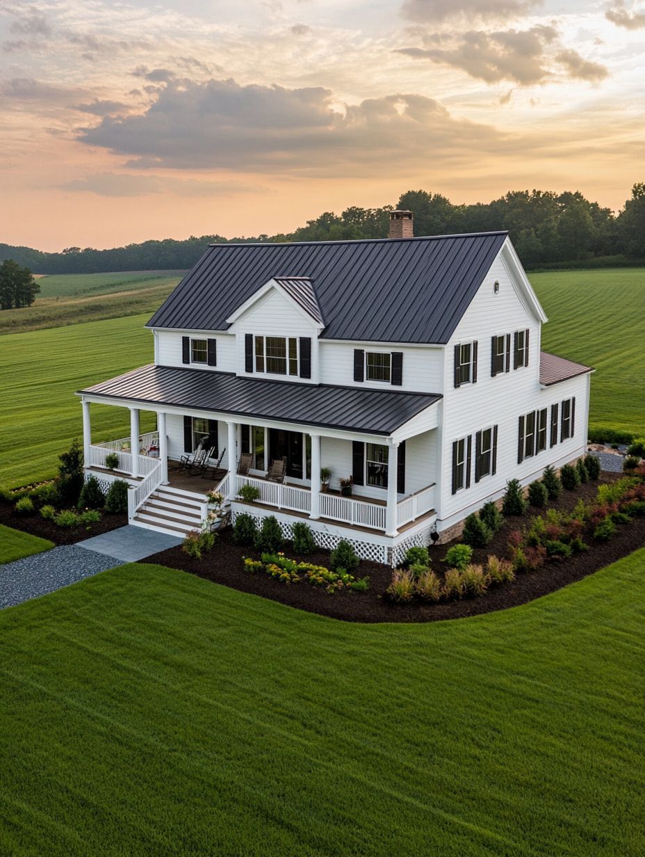 A white two-story farmhouse with a covered porch sits in the middle of a large, neatly manicured green field at sunset.