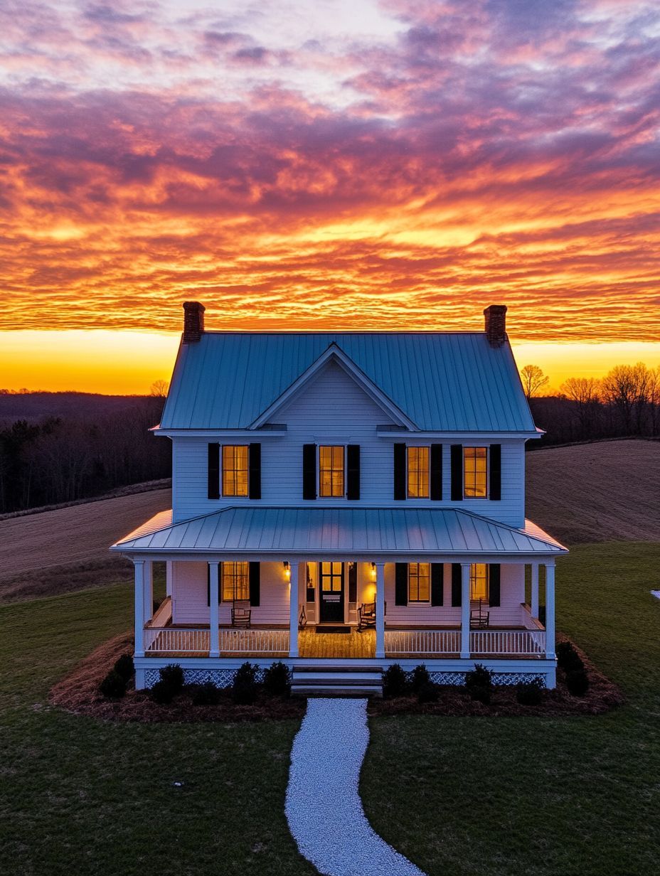 A white two-story house with a porch sits on open land at sunset, with dramatic orange and purple clouds in the sky and lights glowing from the windows.