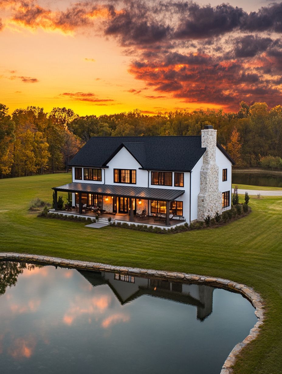 A modern two-story house with a large stone chimney sits beside a pond on a grassy lawn, with trees and a dramatic sunset sky in the background.