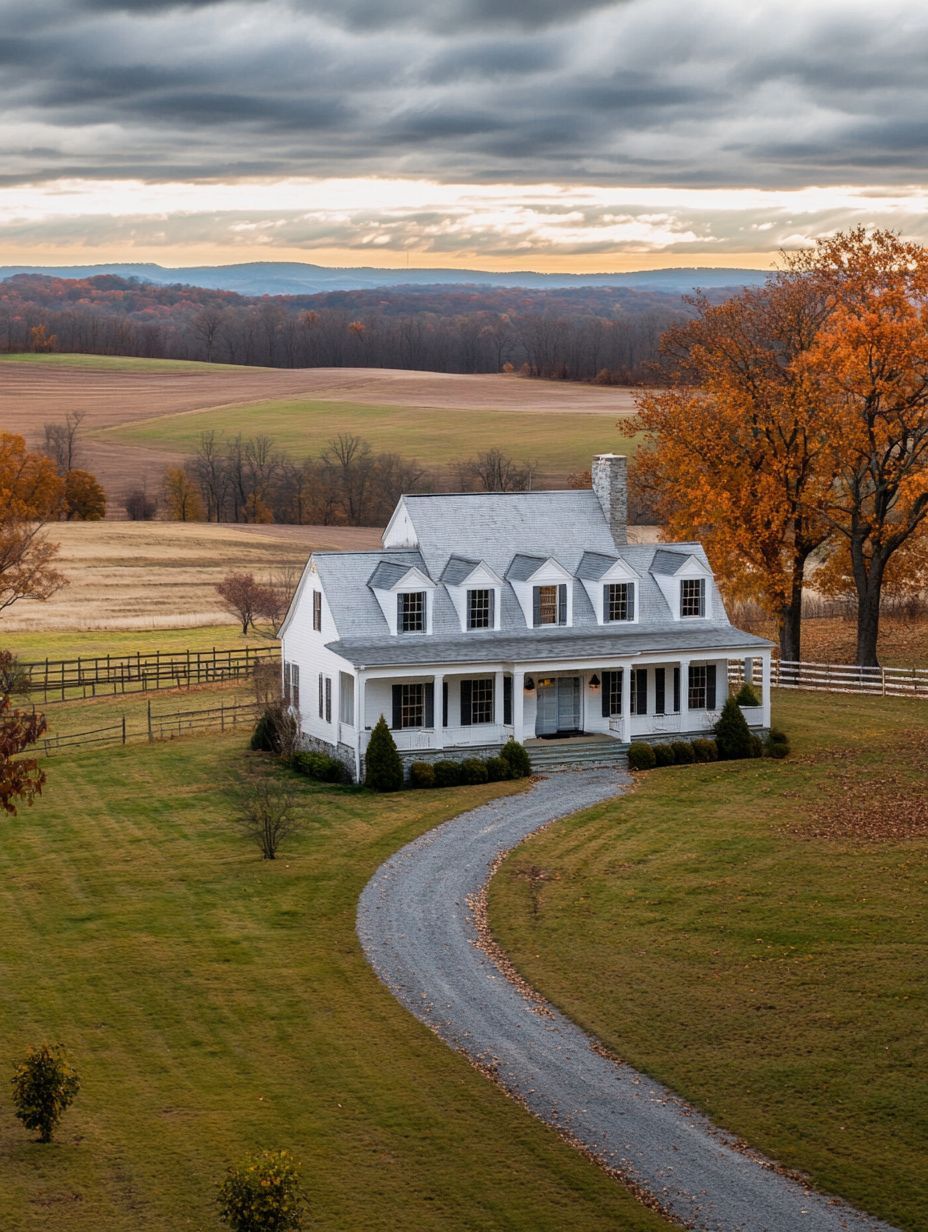 A white house with a gray roof sits at the end of a curved gravel driveway, surrounded by autumn trees and rolling fields under a cloudy sky.