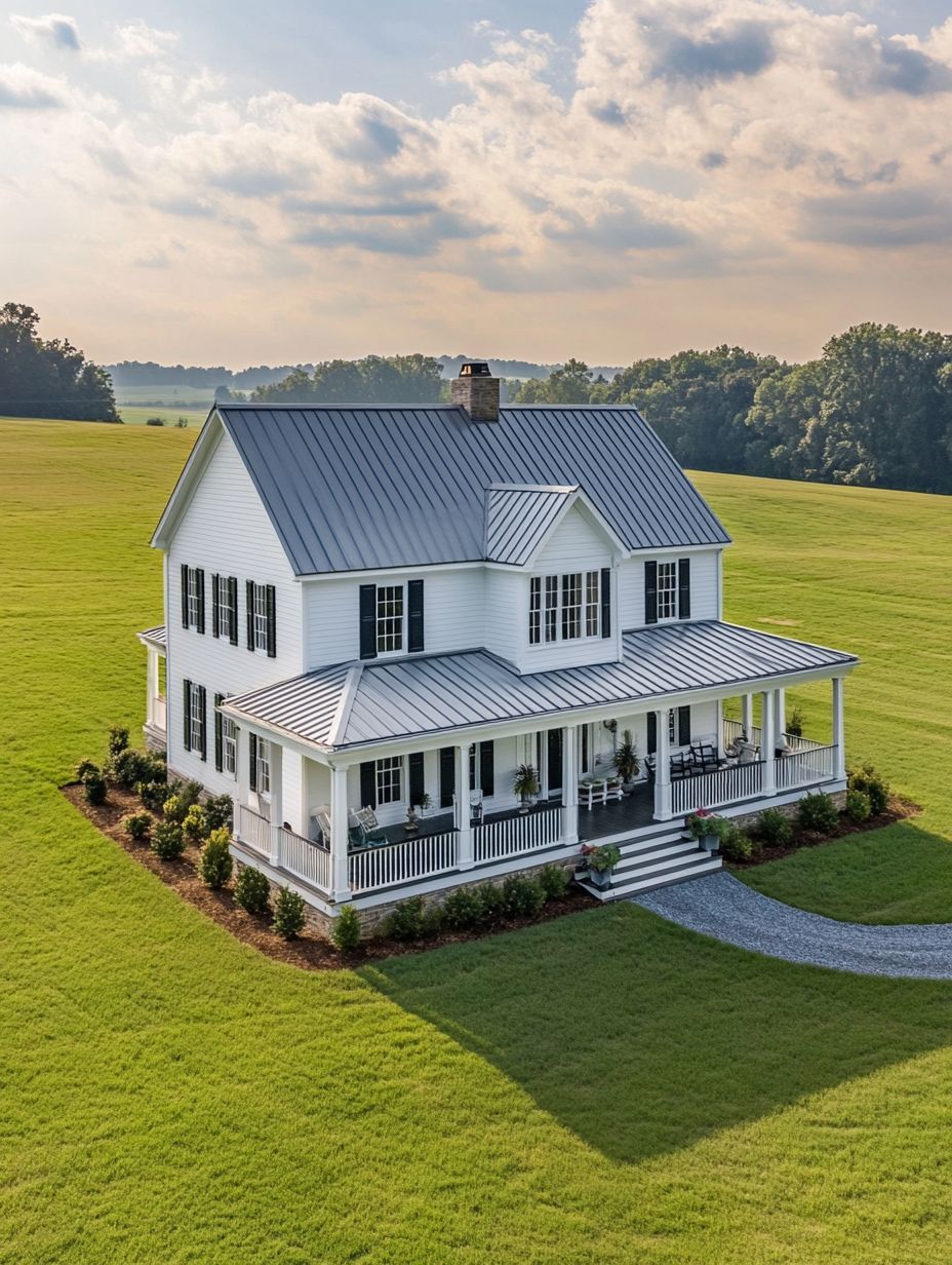 A two-story white house with a metal roof and wraparound porch sits on a large, well-manicured grassy field under a partly cloudy sky.