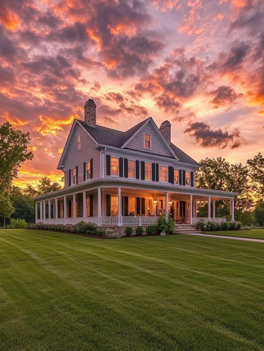 Two-story house with a wraparound porch sits on a manicured lawn, illuminated by warm lights at sunset with dramatic, colorful clouds in the sky.