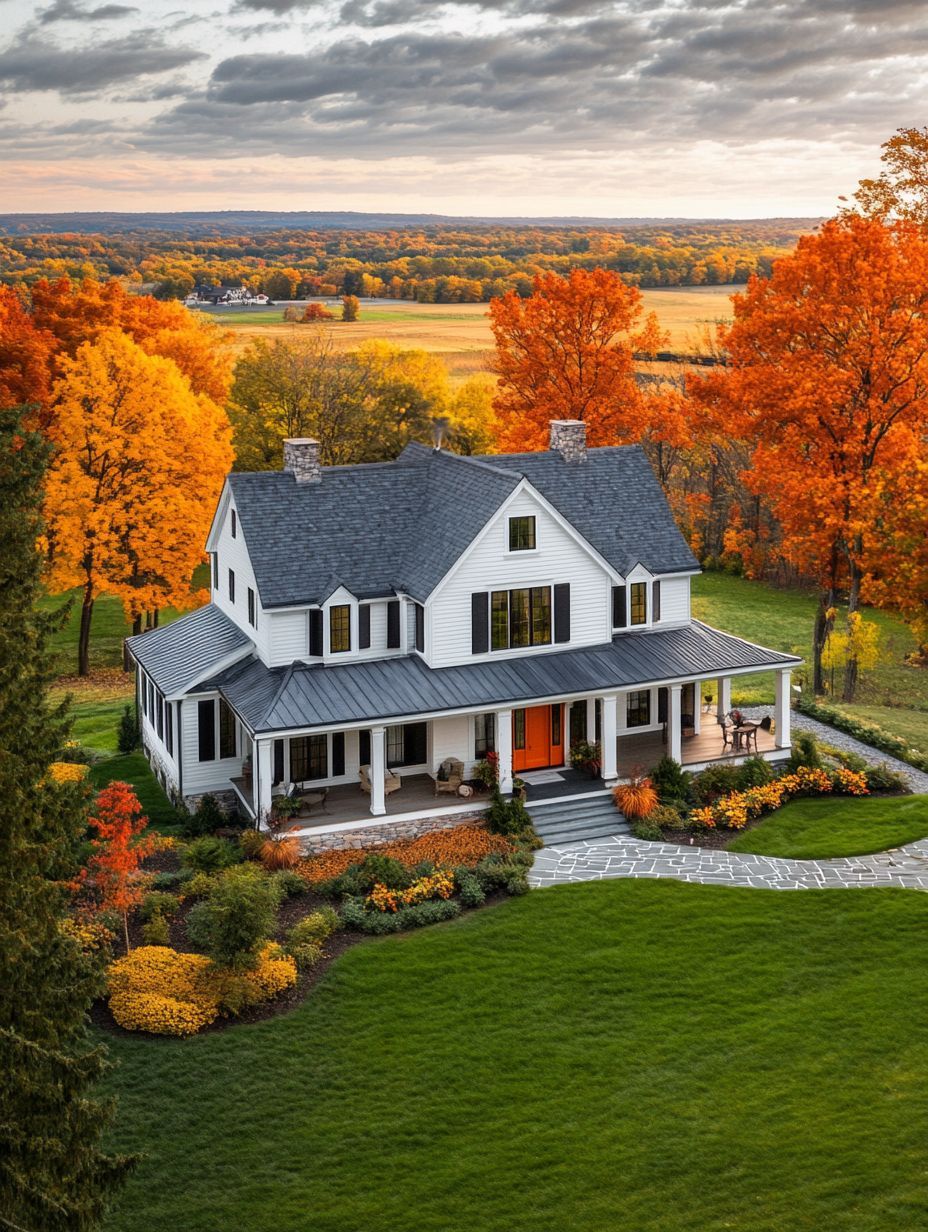 A white two-story house with a front porch, surrounded by a well-kept lawn and colorful autumn trees under a partly cloudy sky.