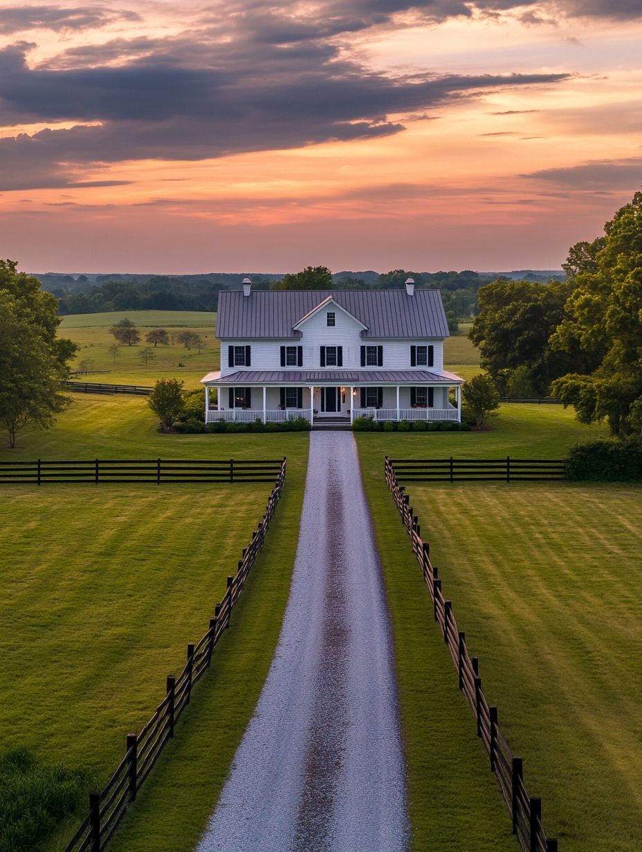 A white two-story farmhouse with a porch sits at the end of a long gravel driveway, surrounded by fenced, well-kept lawns and trees, under a colorful sunset sky.