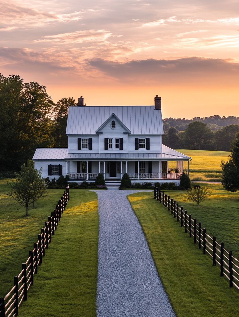A white farmhouse with a metal roof and front porch sits at the end of a gravel driveway, surrounded by green fields and fences at sunset.