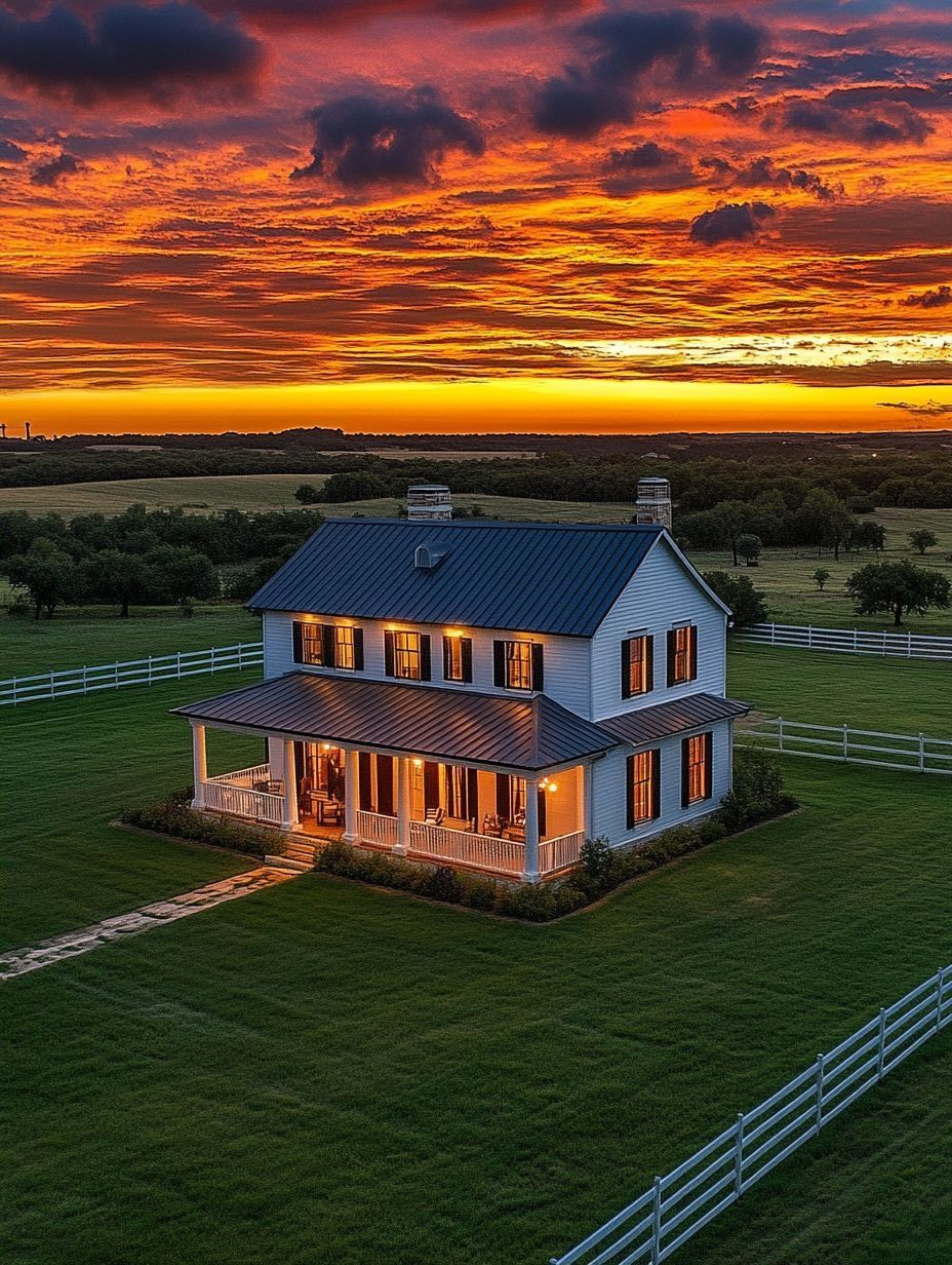 A two-story white farmhouse with a wraparound porch sits on a green lawn, illuminated at dusk under a dramatic orange and red sunset sky.