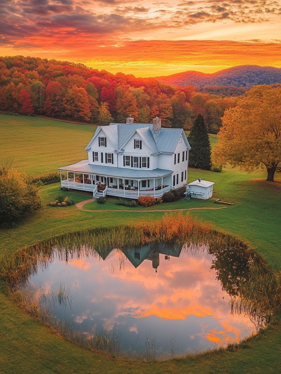 A white two-story house stands near a small pond reflecting the sunset, surrounded by autumn trees and rolling hills.