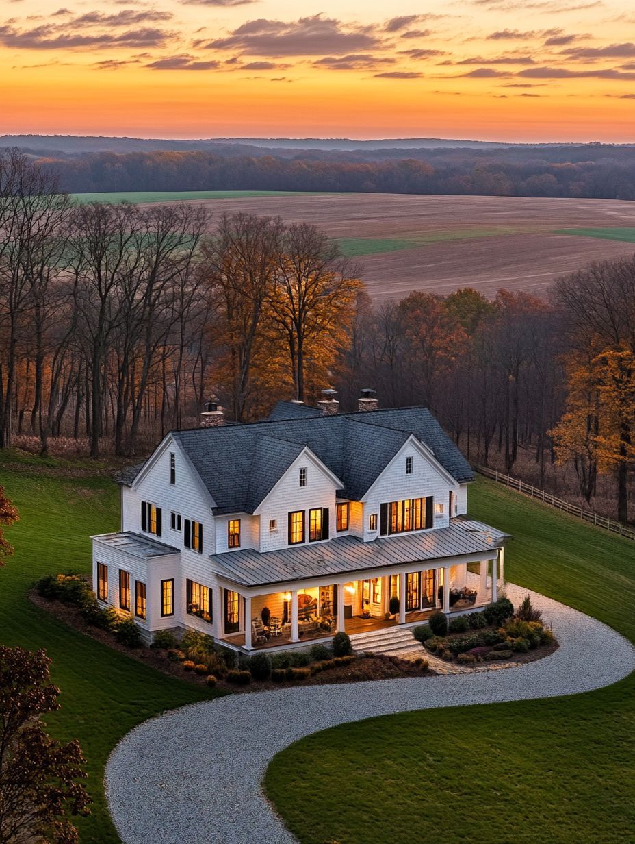 A large white two-story house with a wraparound porch is lit from within at sunset, surrounded by trees, lawns, fields, and a curved gravel driveway.