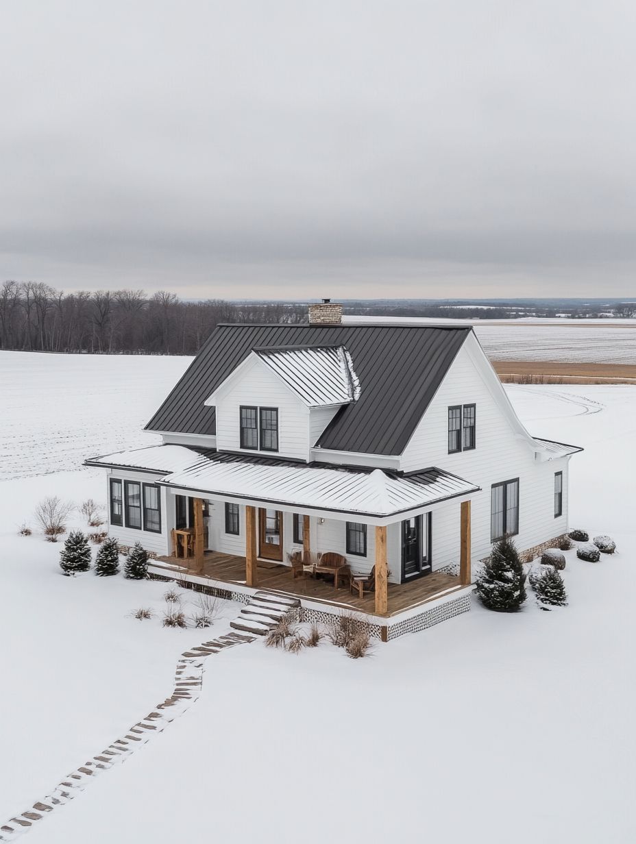 A white, two-story farmhouse with a black metal roof and wooden porch sits surrounded by snow-covered fields and a stone walkway.