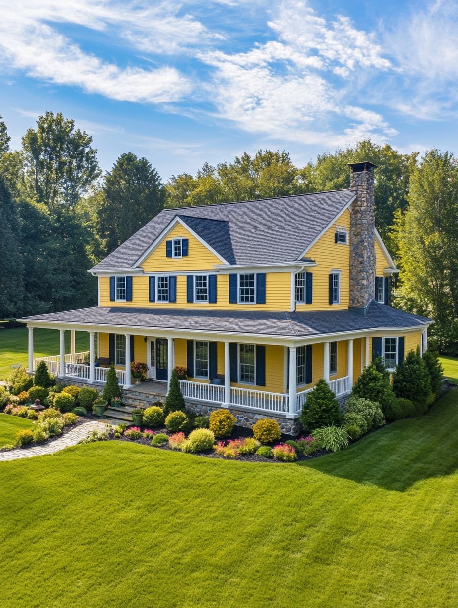 A two-story yellow house with a wraparound porch, stone chimney, and well-maintained yard with green grass and landscaped flowerbeds.