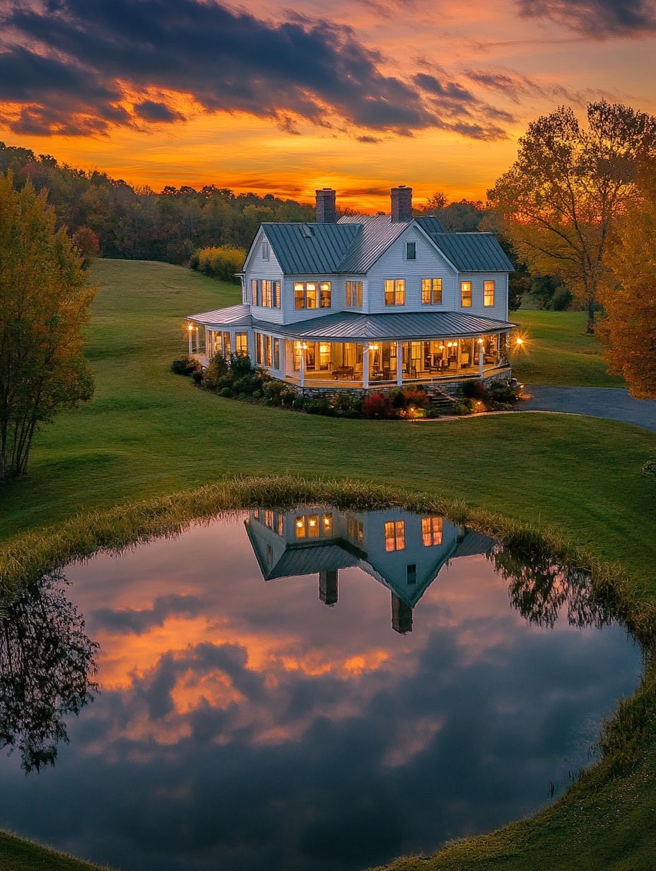 A large white house with a wraparound porch is reflected in a pond at sunset, surrounded by grass and trees under a colorful sky.