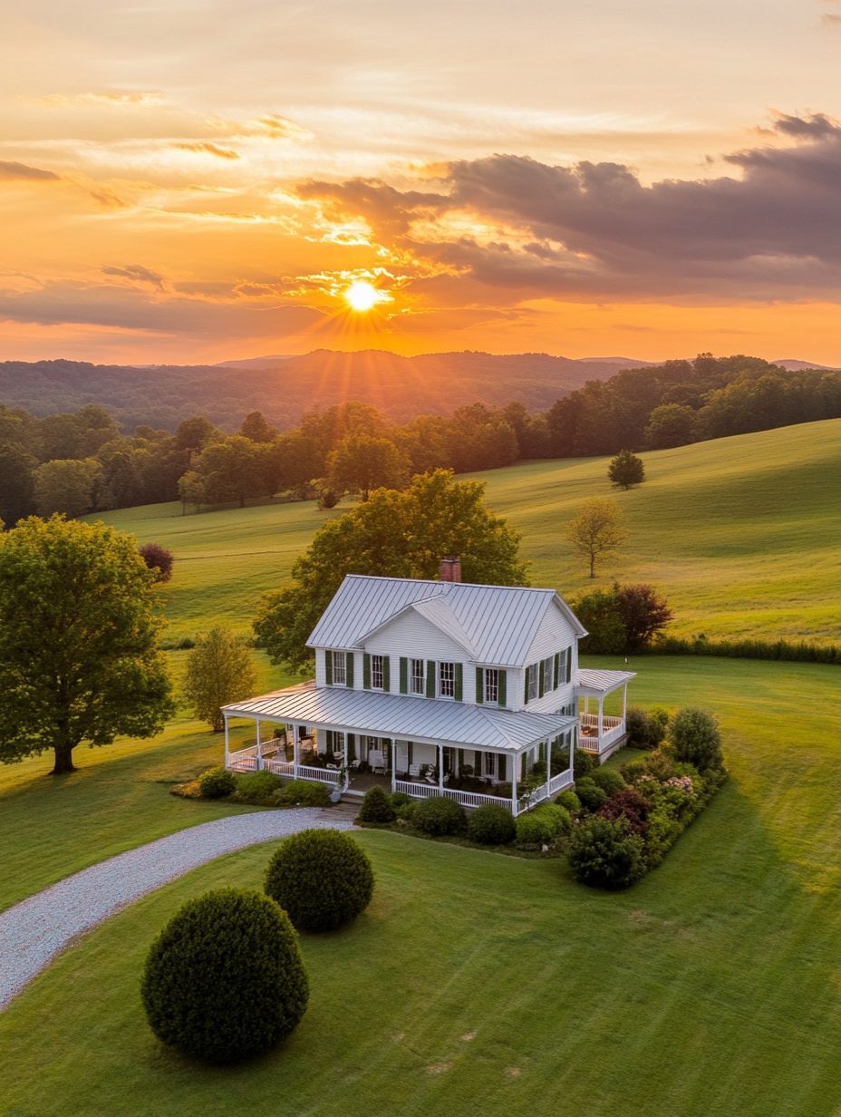 A white two-story farmhouse with a wraparound porch sits on a large green lawn, surrounded by trees and rolling hills at sunset.