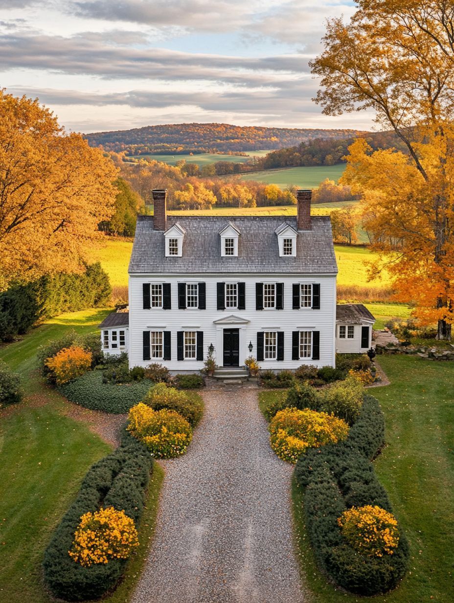 A white two-story colonial house with black shutters sits among autumn trees, surrounded by landscaped bushes and a gravel driveway, with hills and fields in the background.
