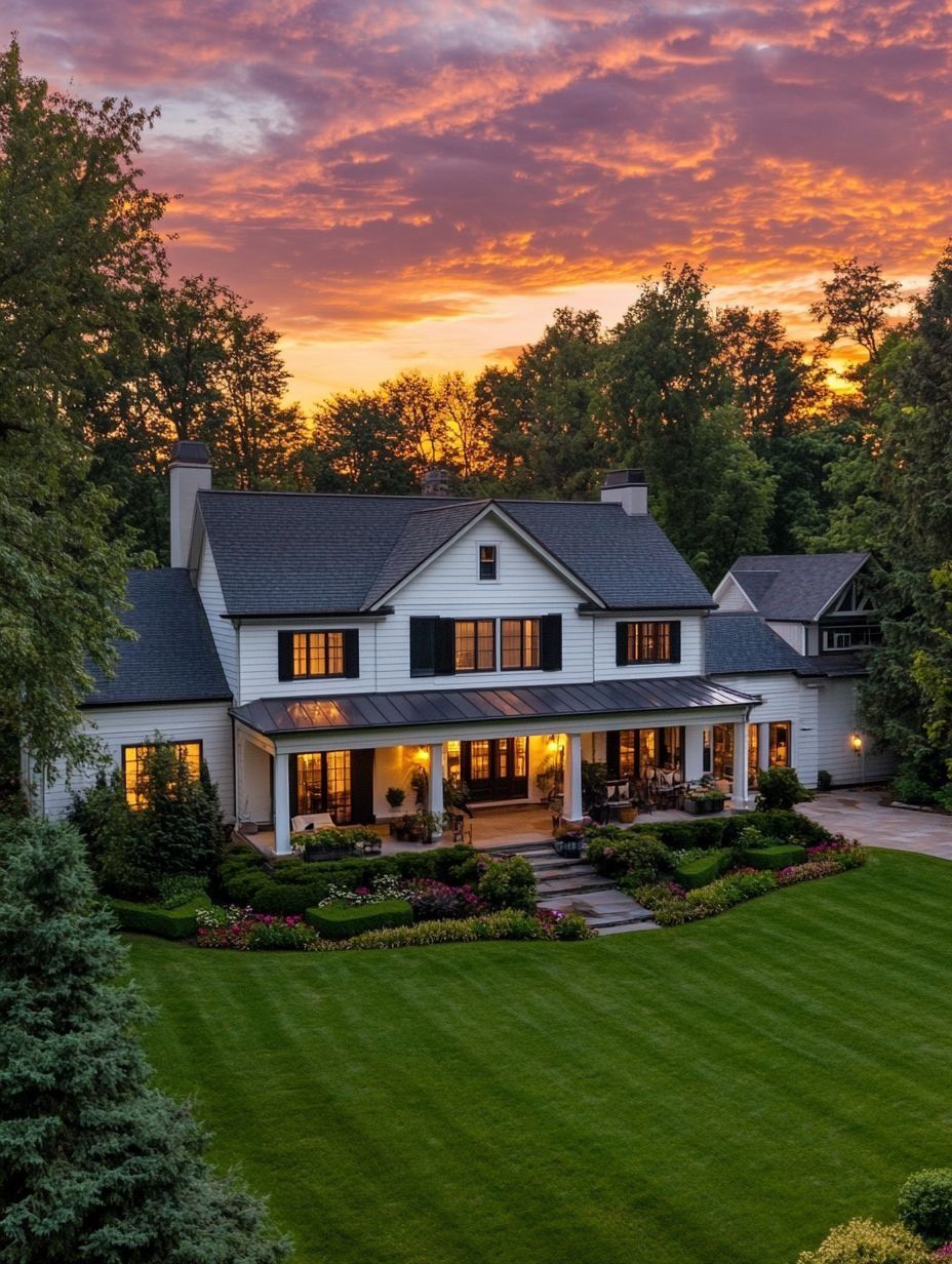 A large white house with dark shutters and a wide front porch sits amid manicured lawns and gardens, with trees and a colorful sunset sky in the background.