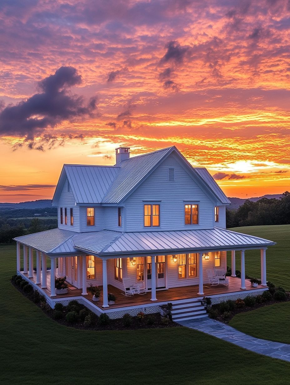 A two-story white house with wraparound porch is lit from within at sunset, set on a large grassy lawn under a dramatic, colorful sky.