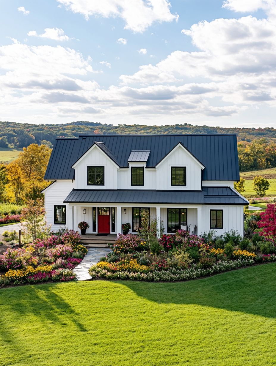 A white two-story farmhouse with black roof, red front door, wide porch, surrounded by colorful landscaping and green lawn, set against a backdrop of rolling hills and blue sky.