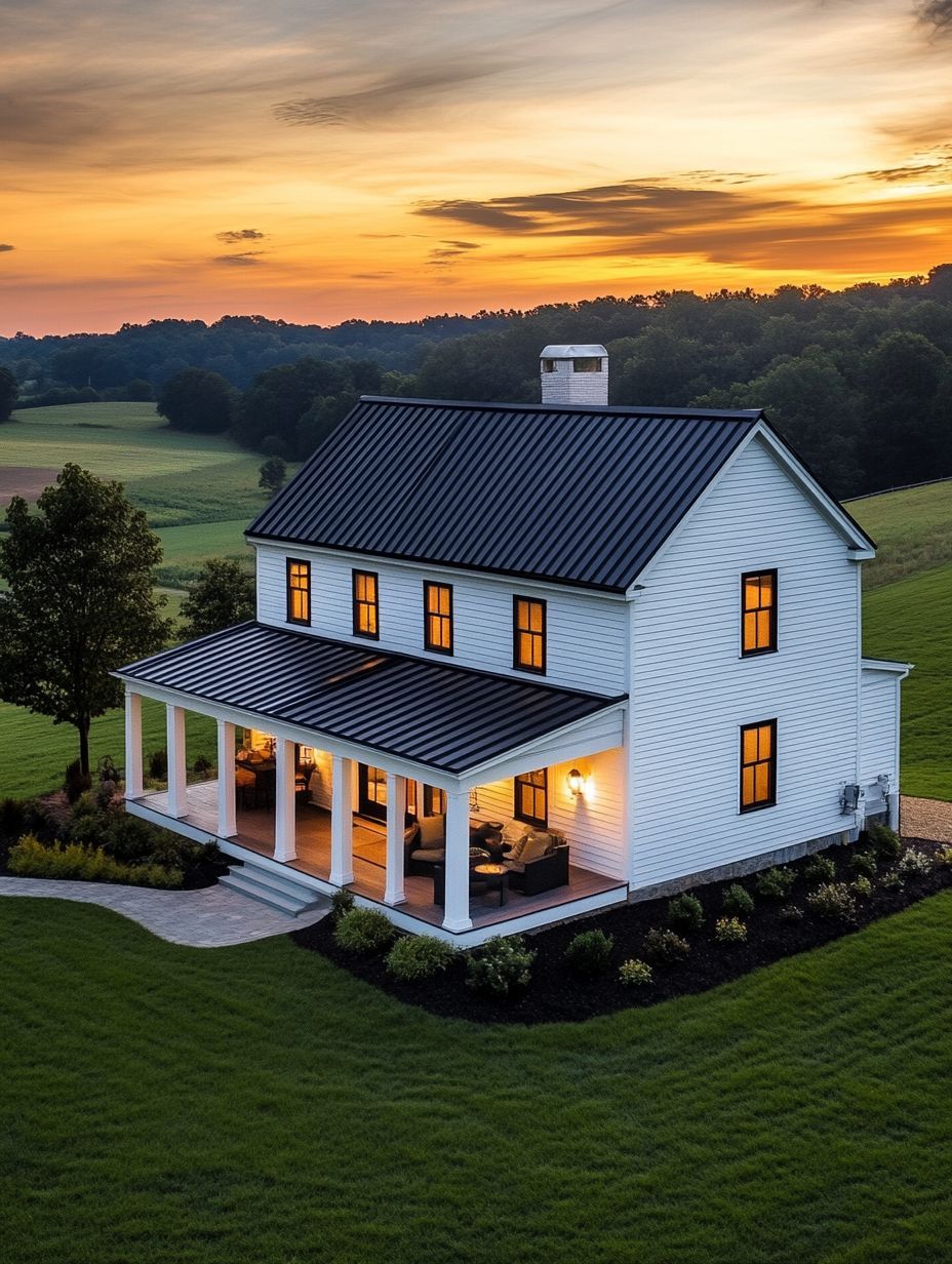 Two-story white farmhouse with a covered porch sits on a manicured lawn at sunset, surrounded by fields and trees.
