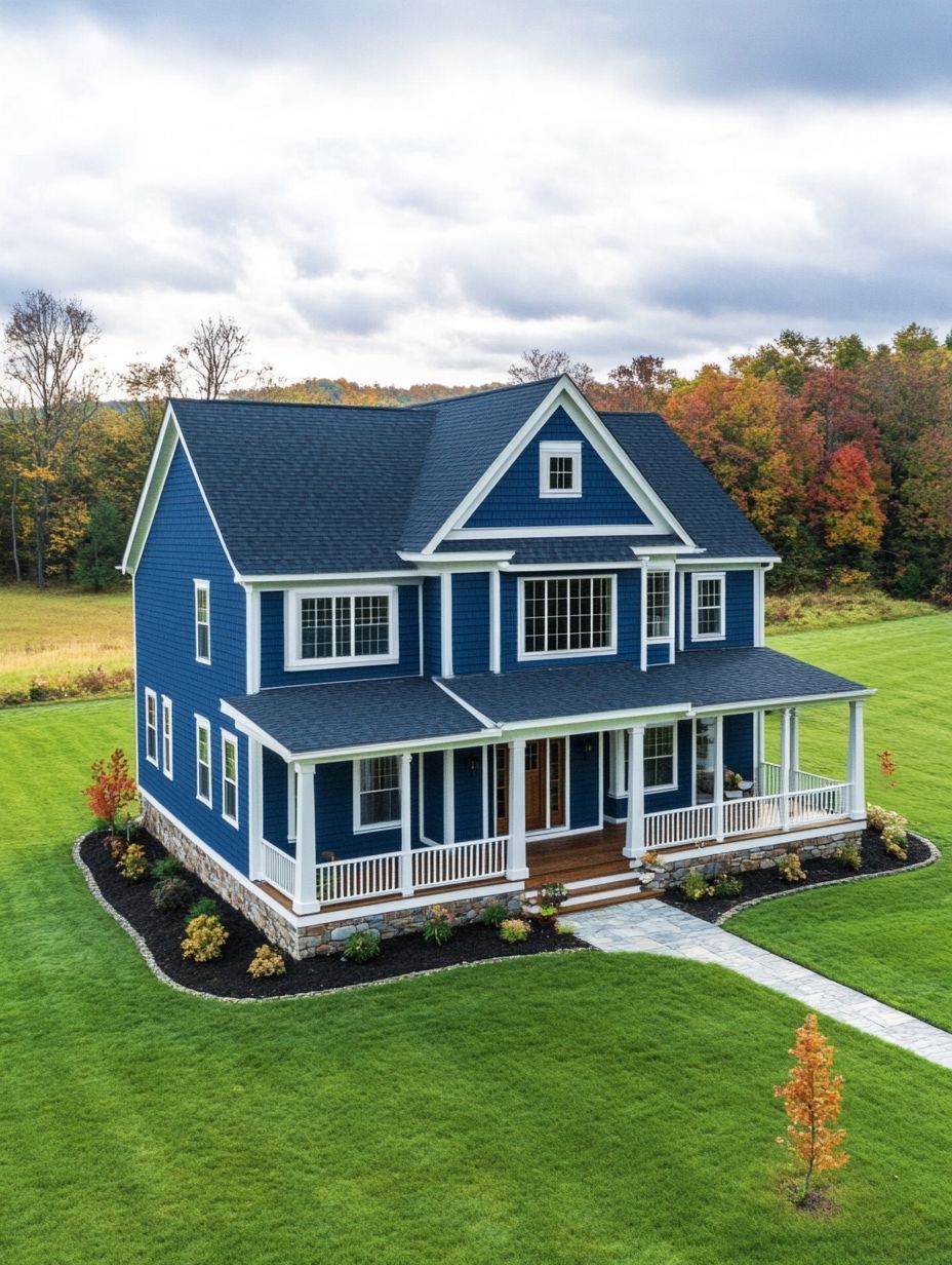 A two-story blue house with white trim and a wraparound porch sits on a well-manicured lawn, surrounded by trees with autumn foliage.