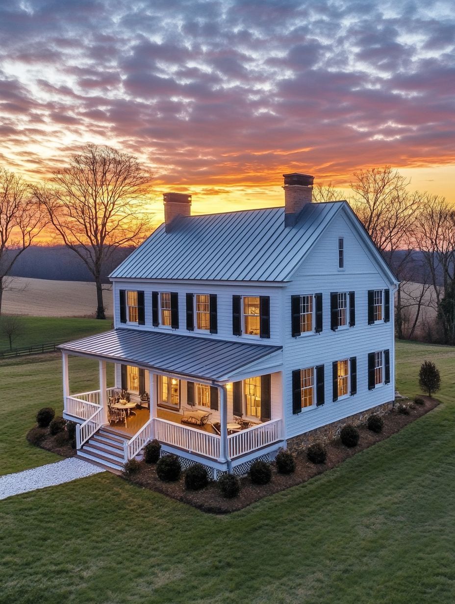 A two-story white house with black shutters and a wraparound porch is lit warmly, set against a sunset sky and open fields.