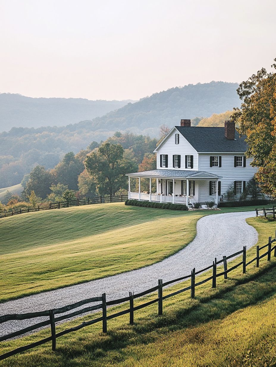 White two-story farmhouse with a wraparound porch sits on a large green lawn, bordered by a gravel driveway and black wooden fence, with wooded hills in the background.