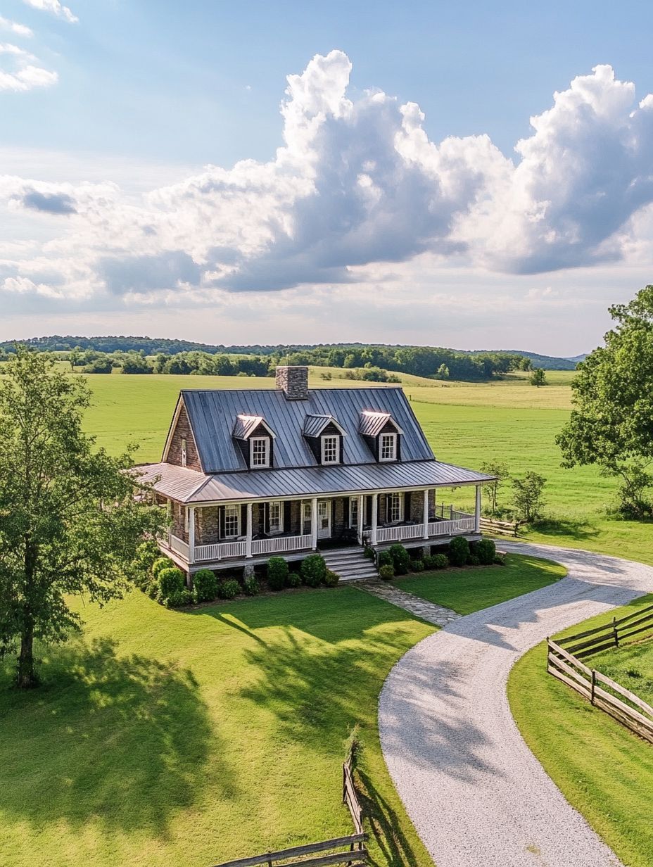 A rural house with a metal roof and wraparound porch sits in the middle of a large, green field, with a curved gravel driveway and trees nearby under a partly cloudy sky.